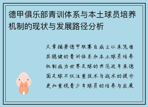 德甲俱乐部青训体系与本土球员培养机制的现状与发展路径分析