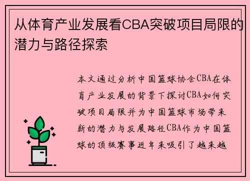 从体育产业发展看CBA突破项目局限的潜力与路径探索